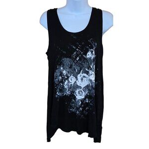 Rock & Republic Black Tank Top Cross Back White Rose Print biker chic boho goth
